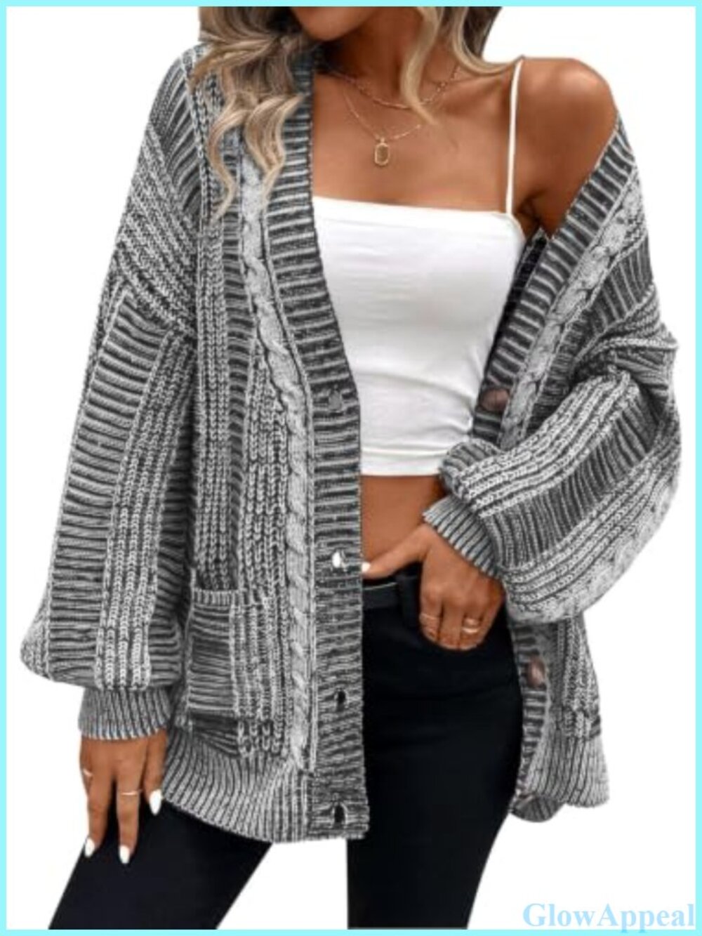 Women's Oversized Cable-Knit Cardigan Puff Sleeve Open Front